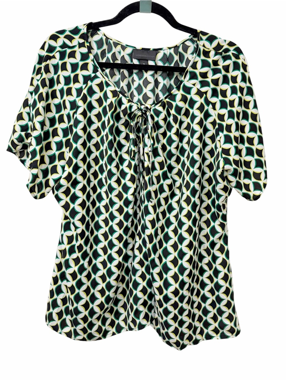 Worthington Black and Green Geometric Tie-Neck Short Sleeve Blouse